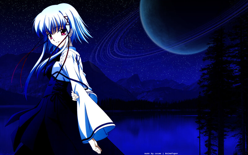 anime girl by lake at night