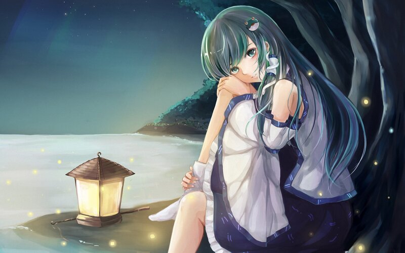 Anime girl by lantern at night