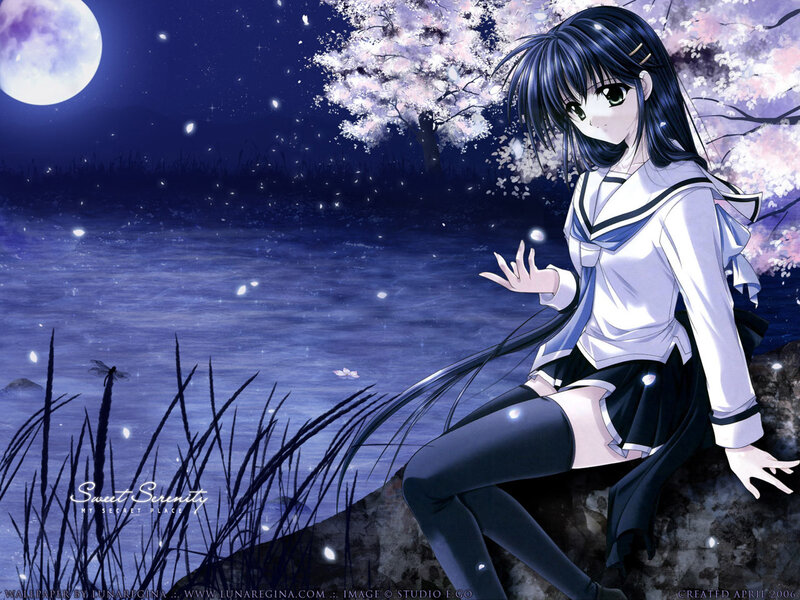Anime girl by moonlit lake