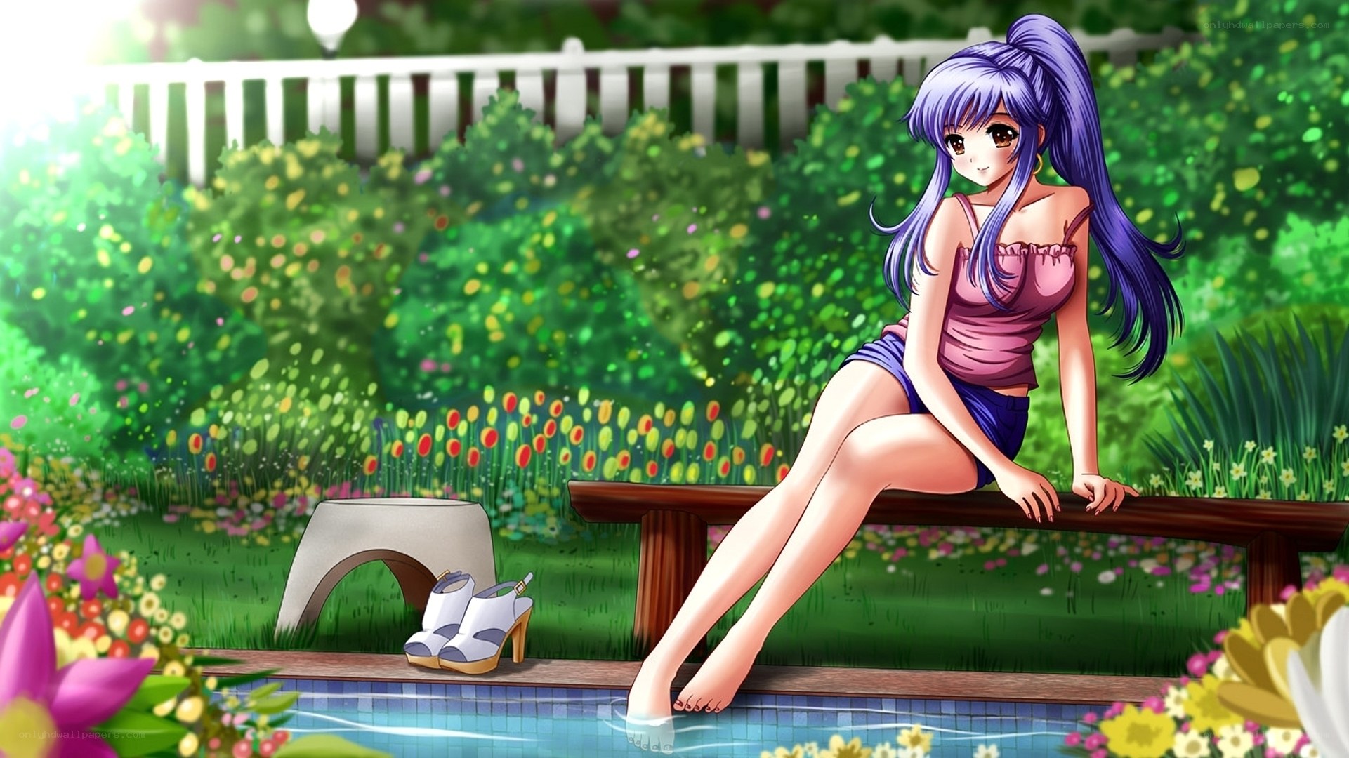 Anime girl by poolside