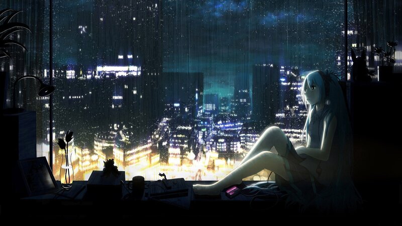Anime girl by rainy window