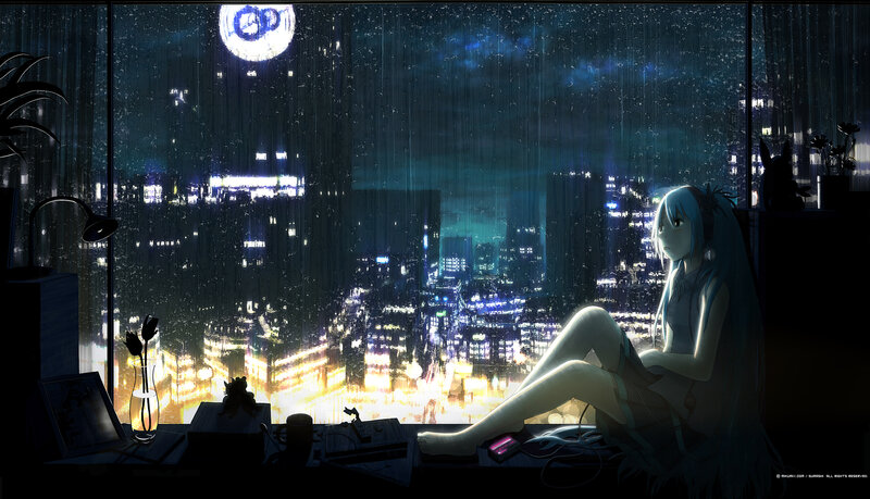 Anime girl by rainy window