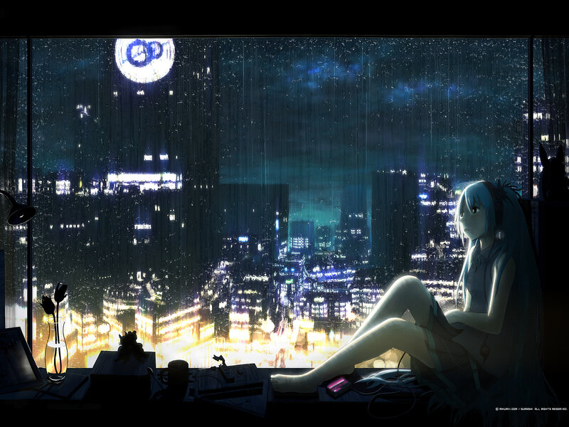 Anime girl by rainy window