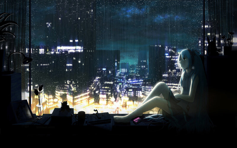 Anime girl by rainy window