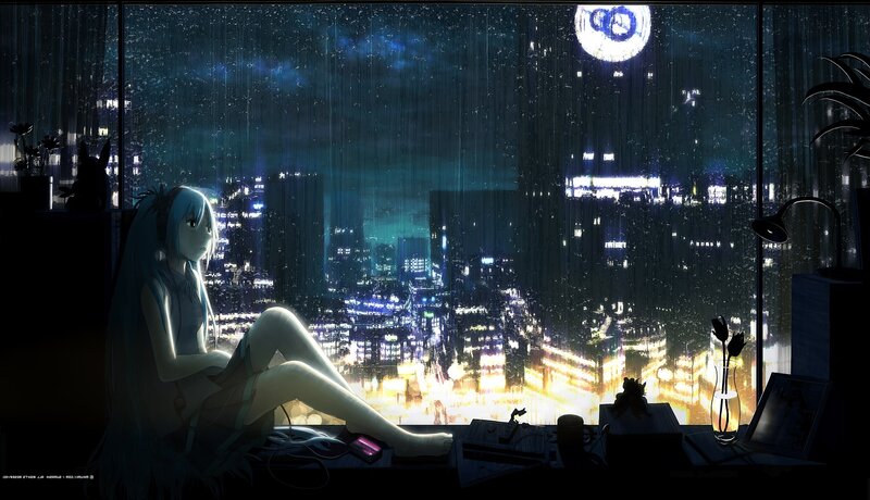 Anime girl by rainy window