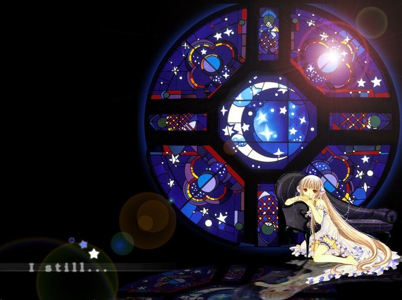 Anime girl by stained glass window