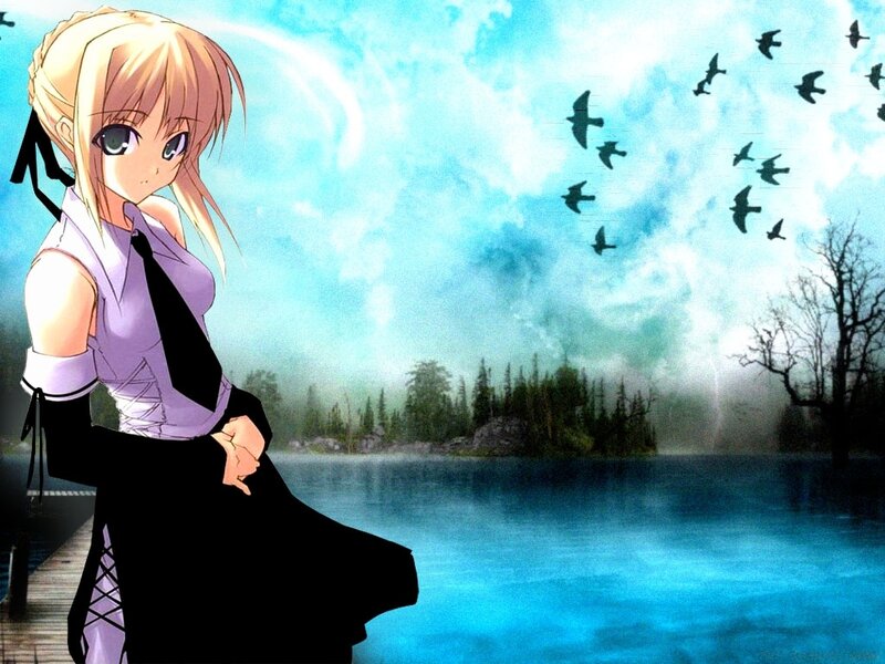 anime girl by the lake