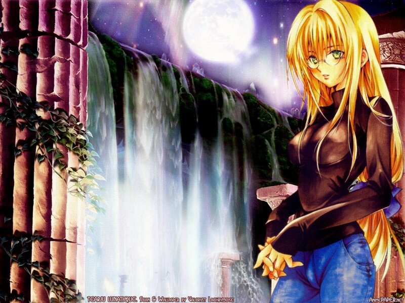 Anime girl by waterfall