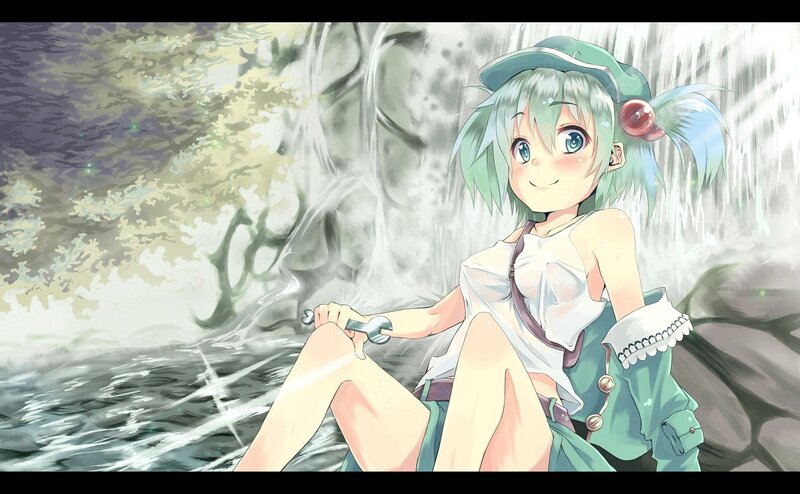 Anime girl by waterfall