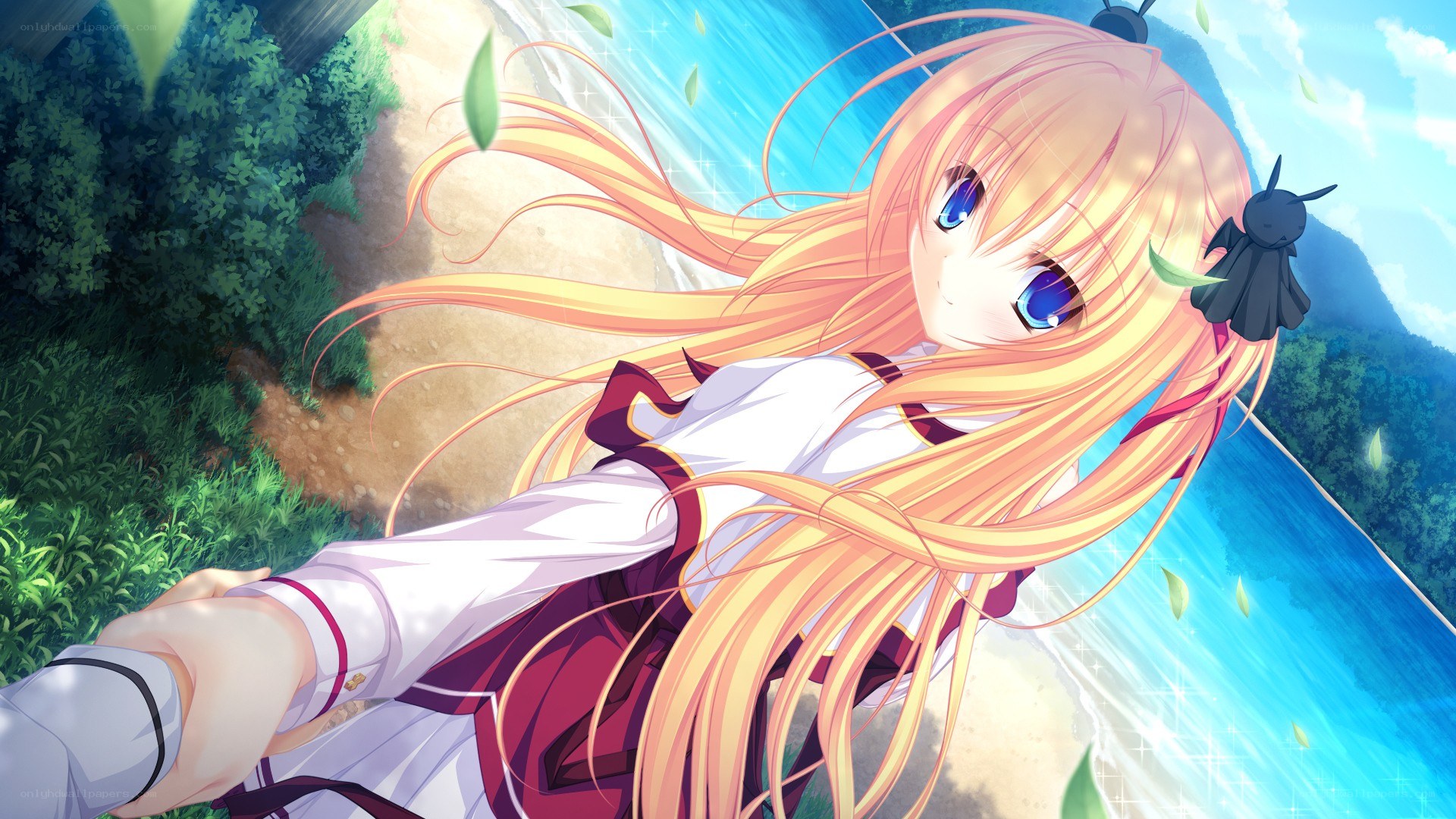 anime girl by waterfall