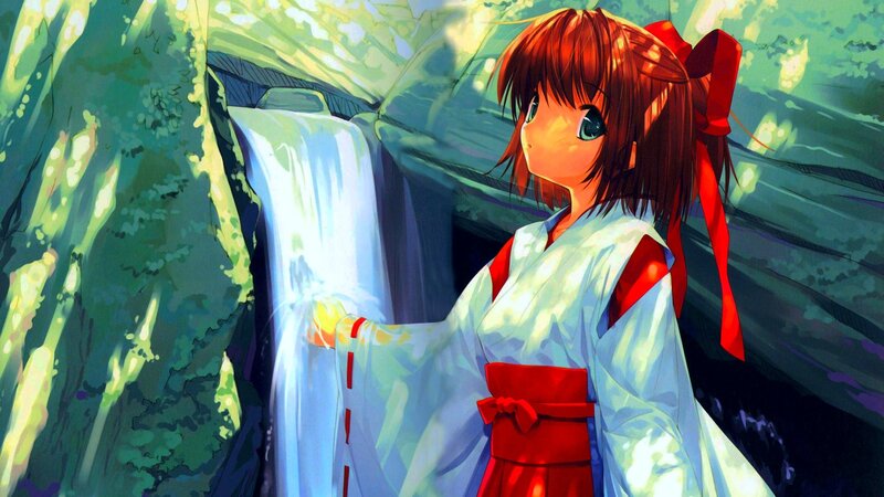 anime girl by waterfall