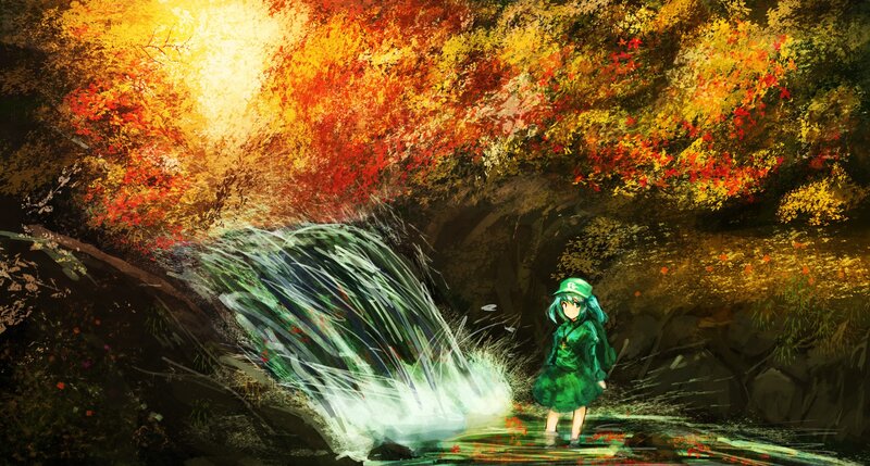 Anime girl by waterfall