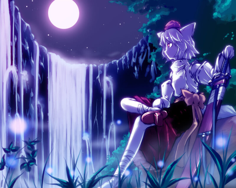 anime girl by waterfall at night