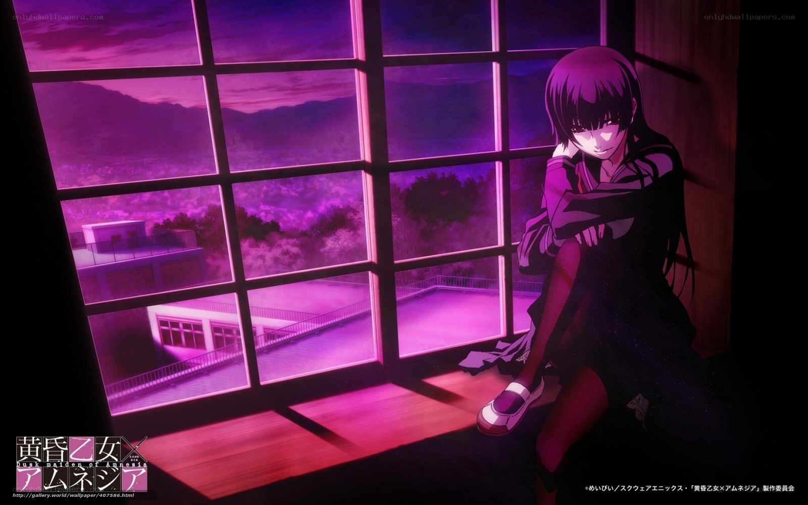 Anime girl by window at dusk