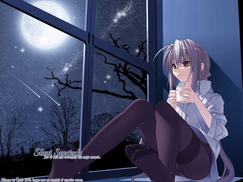 Anime girl by window at night