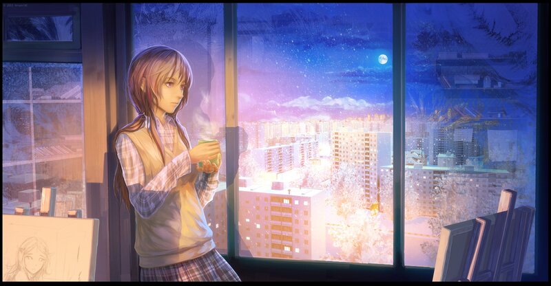 Anime girl by window at night