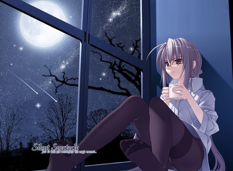 Anime girl by window at night
