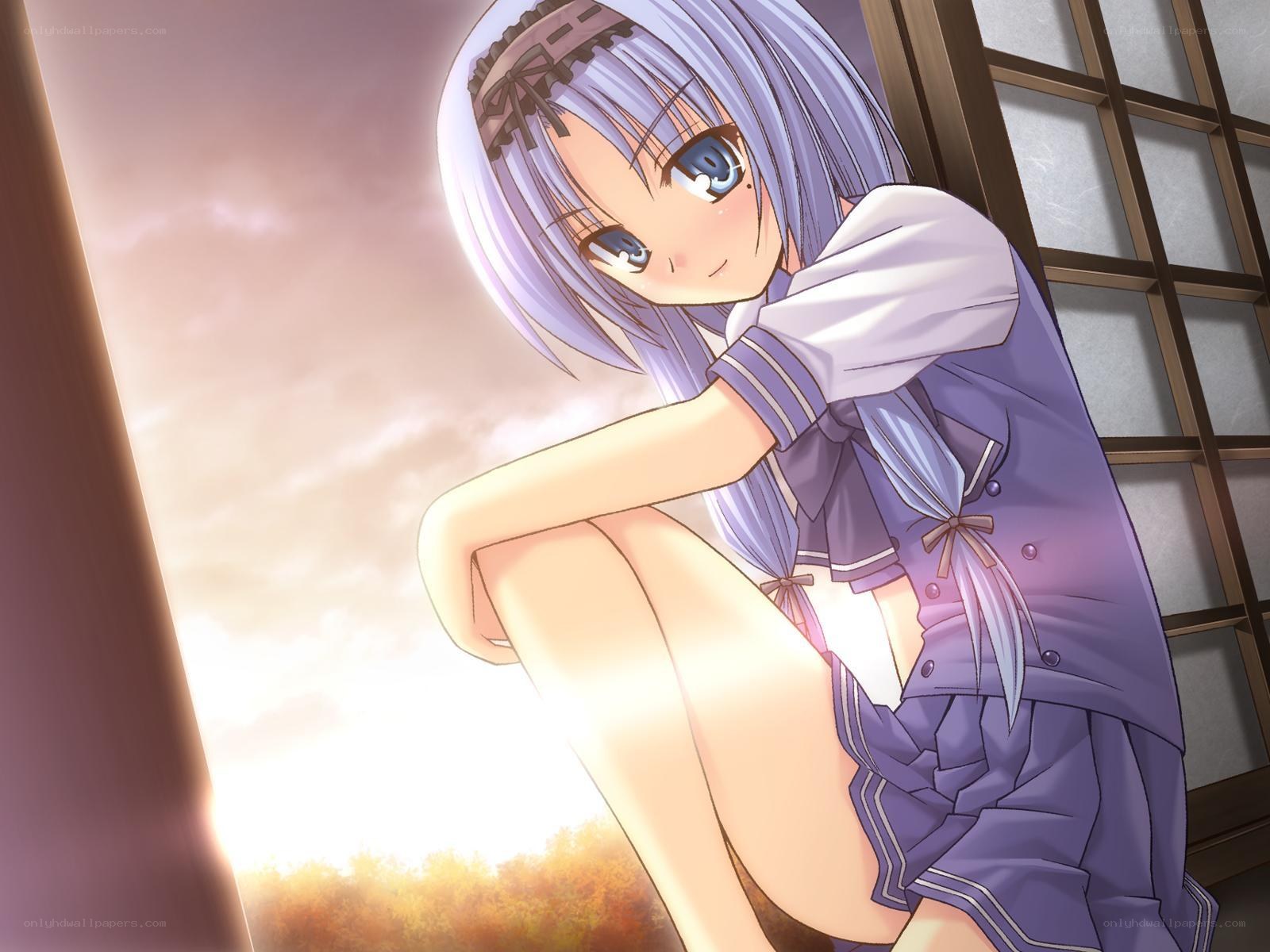 anime girl by window at sunset