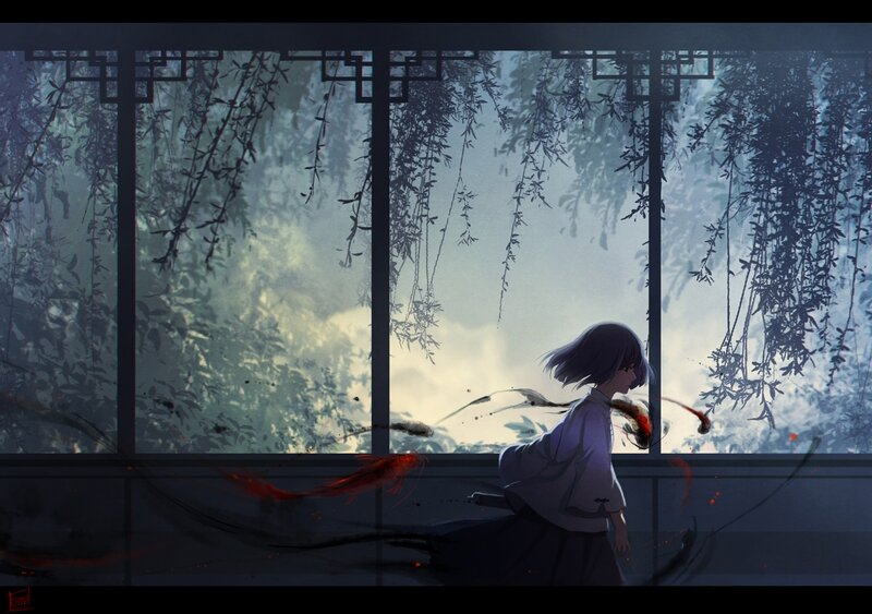 Anime Girl by Window — Blue, Serene, Sunset