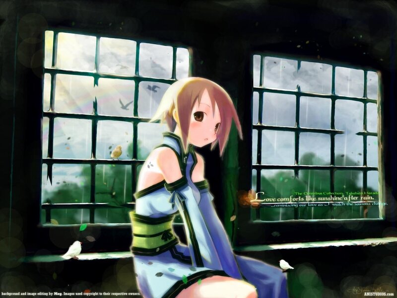 anime girl by window in rain
