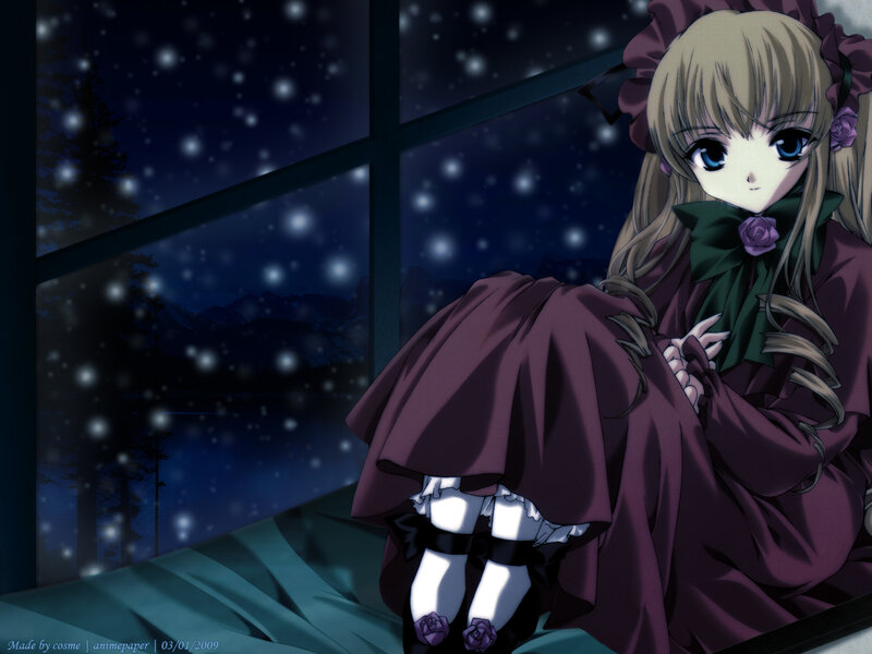anime girl by window in snow