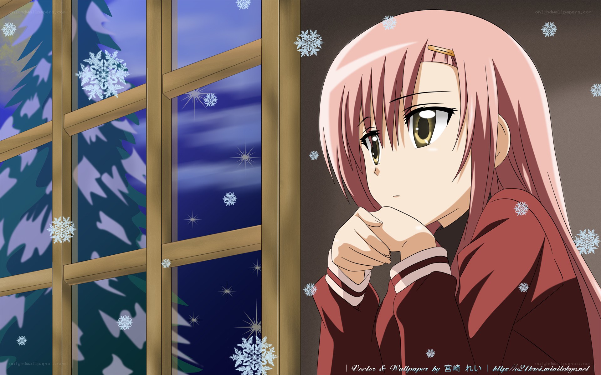 anime girl by window in snow