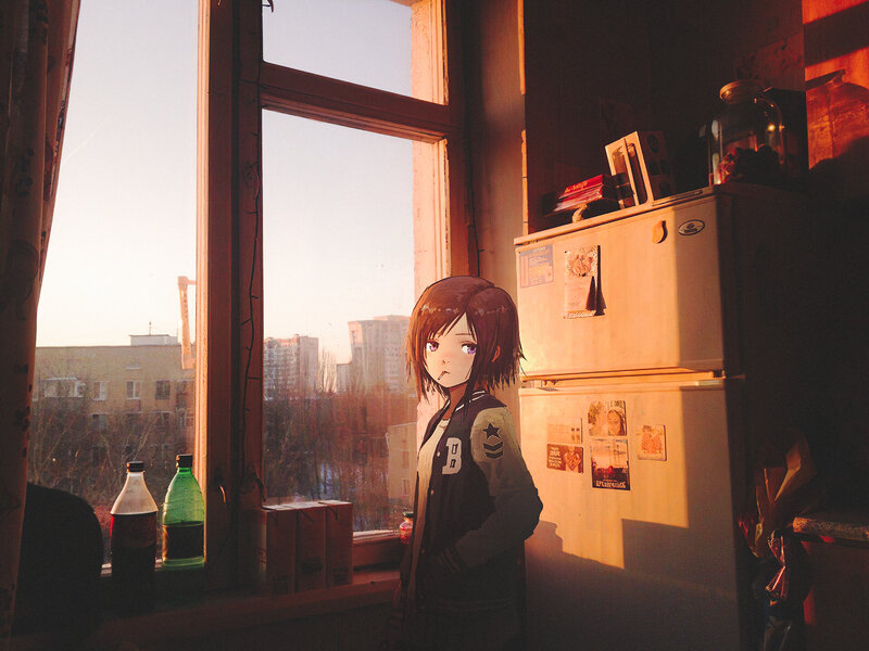 Anime Girl by Window — Orange, Calm