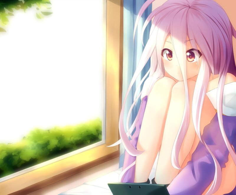 Anime Girl by Window — Purple, Serene, Morning, Laptop