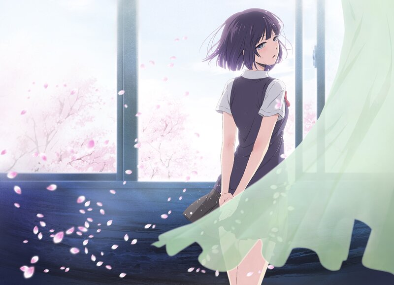 Anime Girl by Window — Purple, Serene, Spring