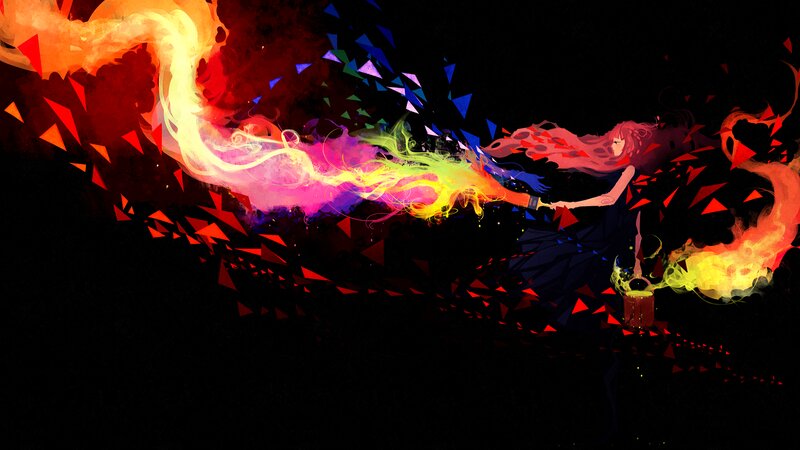Anime Girl Casting Spell — Black, Dramatic, Night, Digital Art