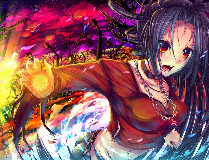 Anime Girl Casting Spell — Purple, Dramatic, Night, Digital Art, Magic, Chains