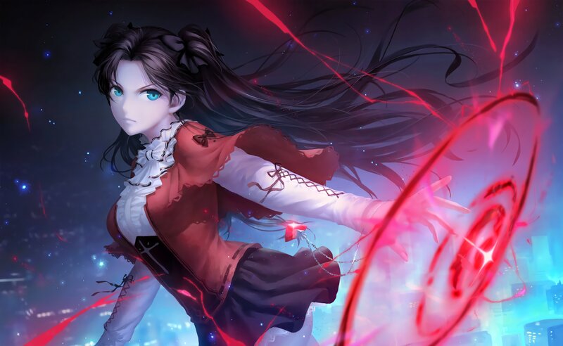 Anime Girl Casting Spell — Red, Dramatic, Night