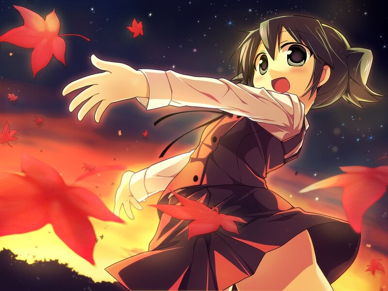 anime girl catching autumn leaves