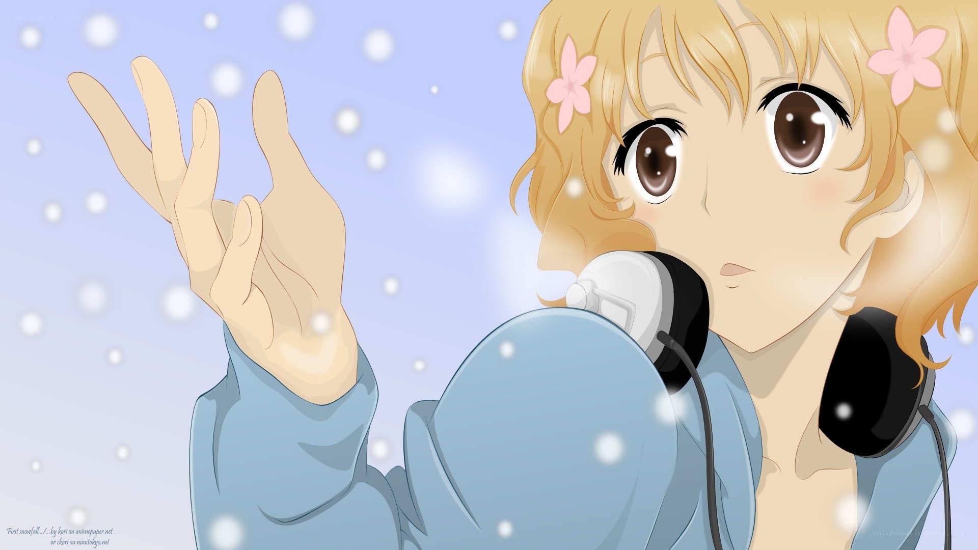 anime girl catching snowflakes