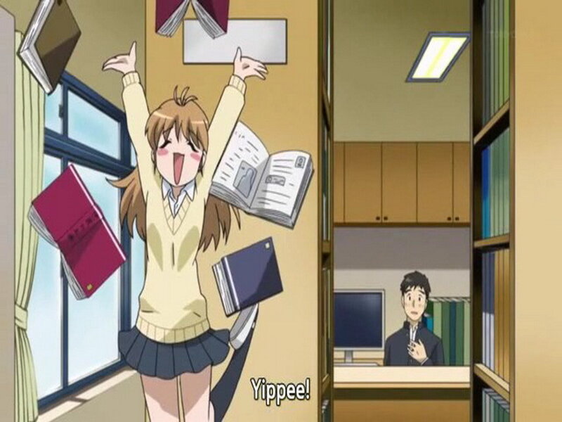 anime girl celebrating in classroom