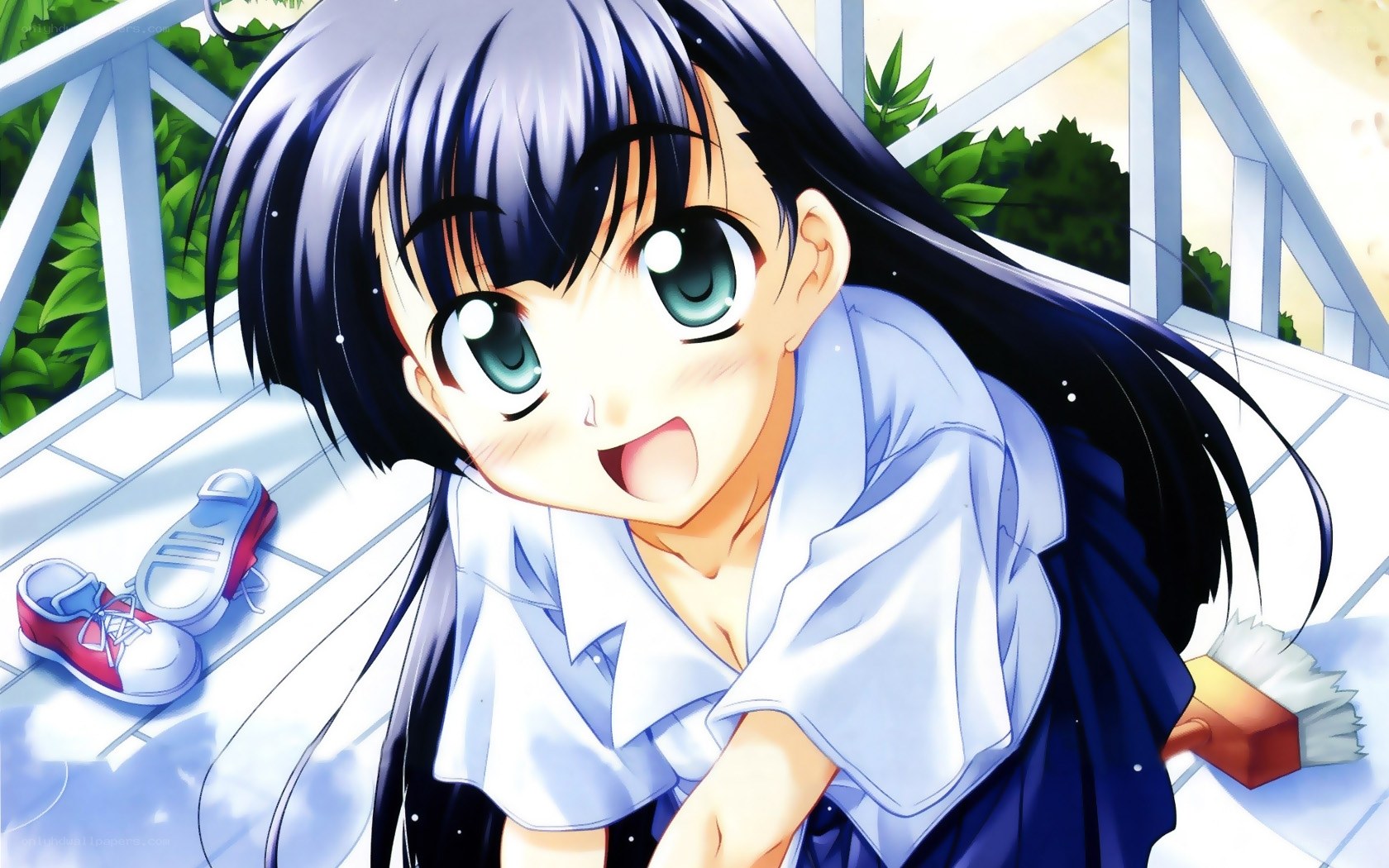 anime girl cleaning porch