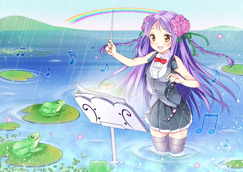 Anime girl conducting in the rain