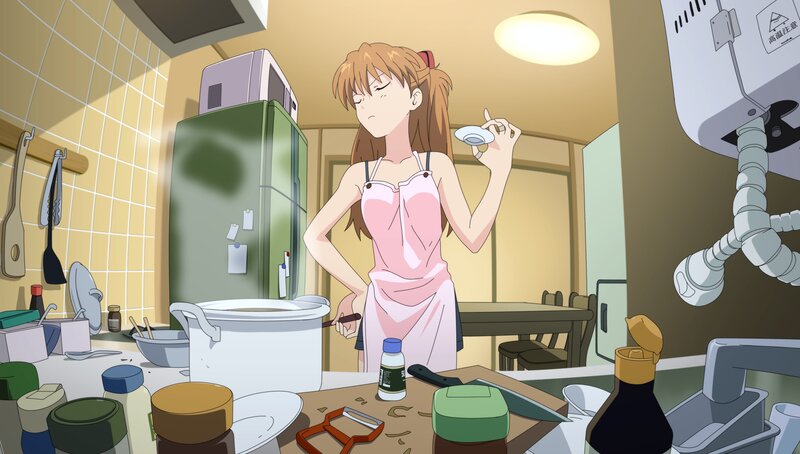 anime girl cooking in kitchen