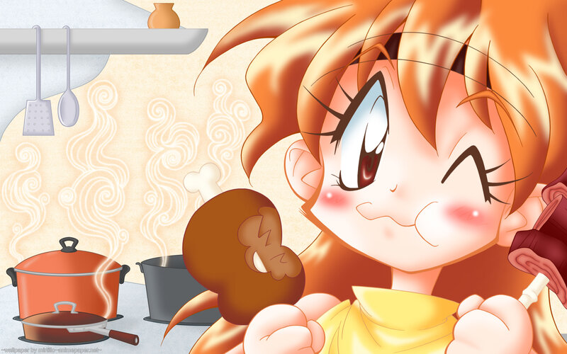 anime girl cooking in kitchen