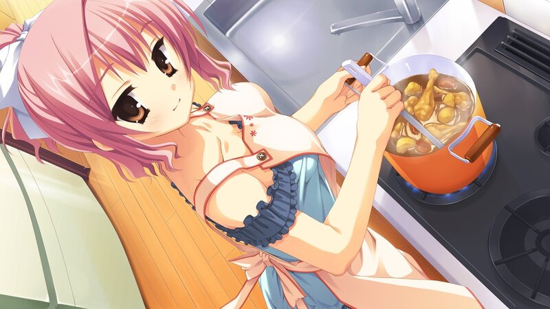 anime girl cooking in kitchen