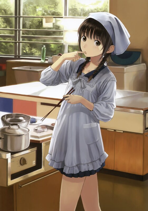 anime girl cooking in kitchen