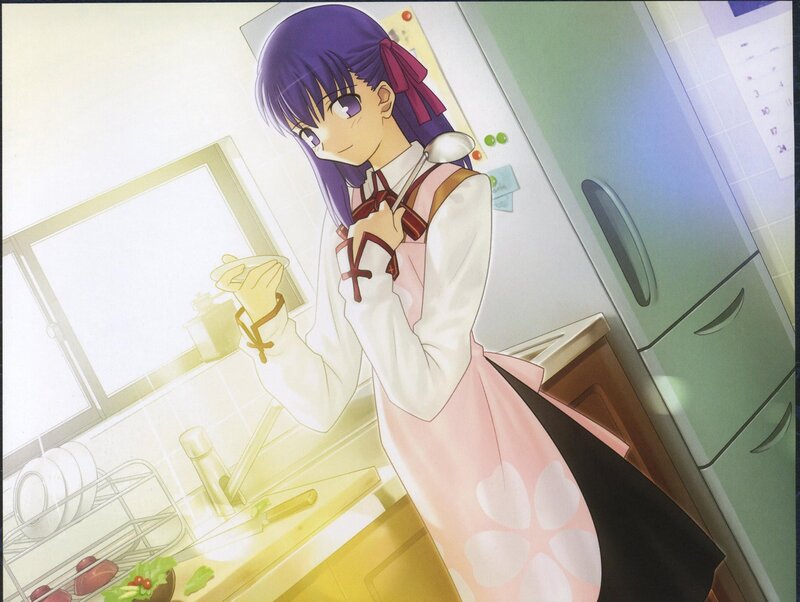 anime girl cooking in kitchen