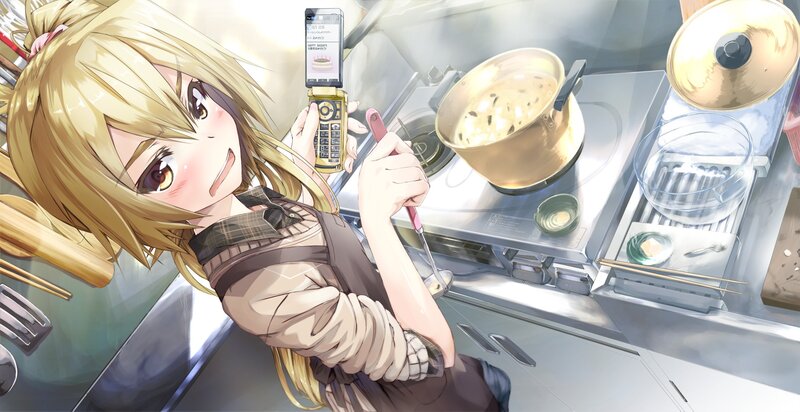 anime girl cooking in kitchen