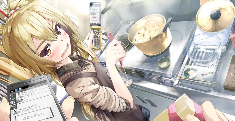 Anime girl cooking in kitchen
