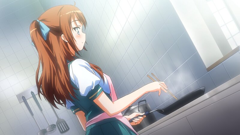 anime girl cooking in kitchen