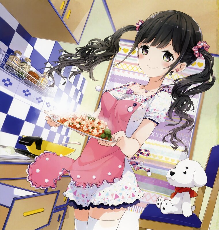 Anime girl cooking in kitchen