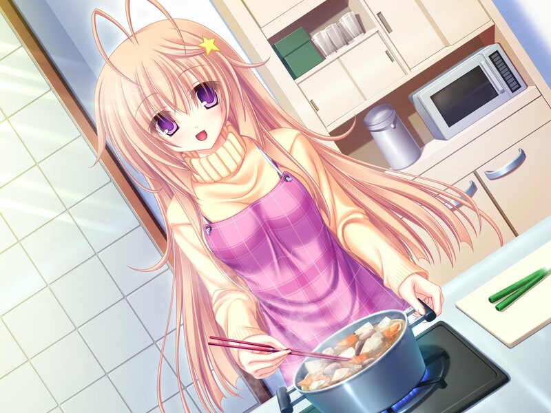Anime girl cooking in kitchen