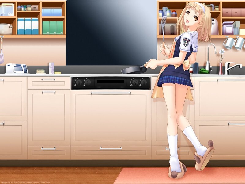 anime girl cooking in kitchen