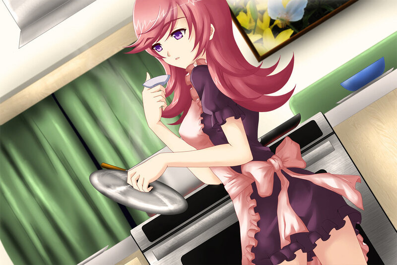 anime girl cooking in kitchen