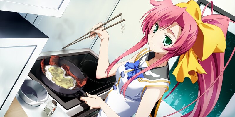 anime girl cooking in kitchen